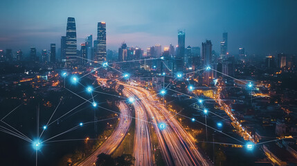 Fototapeta premium Smart digital Innovation city with connection network reciprocity over the cityscape. of future smart wireless city and social media networking systems that connects business people with in city