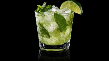 Refreshing mojito cocktail in rocks glass with lime and mint.