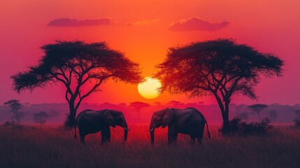 Elephants at sunset under acacia trees.