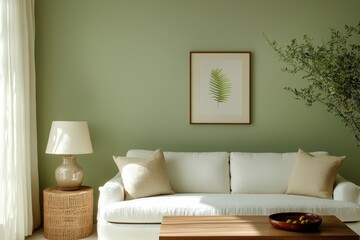 Cozy and Serene Living Room with Green Walls and Minimalist Decor