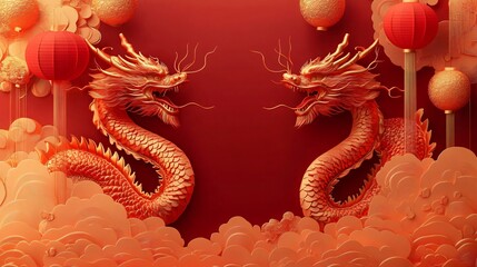 Fototapeta premium A majestic depiction of intertwined golden dragons amid swirling clouds, perfect for 2024 Chinese New Year celebrations or traditional decor.