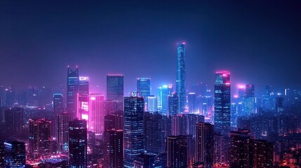 Naklejka premium Vivid Urban Cityscape Illustration with Neon Lights at Night