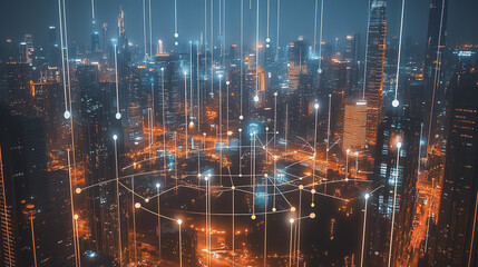 Fototapeta premium Smart digital Innovation city with connection network reciprocity over the cityscape. of future smart wireless city and social media networking systems that connects business people with in city