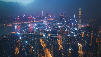 Smart digital Innovation city with connection network reciprocity over the cityscape. of future smart wireless city and social media networking systems that connects business people with in city