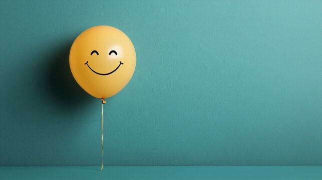 Happy yellow balloon with smiley face against teal wall.