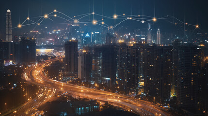 Fototapeta premium Smart digital Innovation city with connection network reciprocity over the cityscape. of future smart wireless city and social media networking systems that connects business people with in city