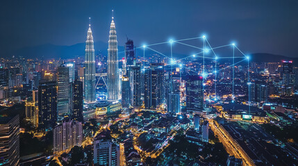 Fototapeta premium Smart digital Innovation city with connection network reciprocity over the cityscape. of future smart wireless city and social media networking systems that connects business people with in city