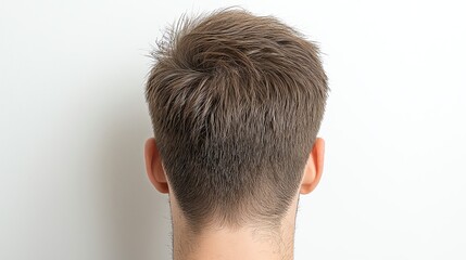 Rear view of man with short brown hair against a white background.