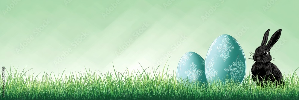 Wall mural A charming Easter scene featuring a cute black bunny beside two decorative blue eggs nestled in vibrant green grass under a soft pastel sky, symbolizing the joy of Easter celebrations.