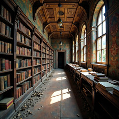 Weathered abandoned old library filled with countless volumes of books. new image 