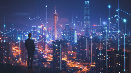 Fototapeta premium Smart digital Innovation city with connection network reciprocity over the cityscape. of future smart wireless city and social media networking systems that connects business people with in city