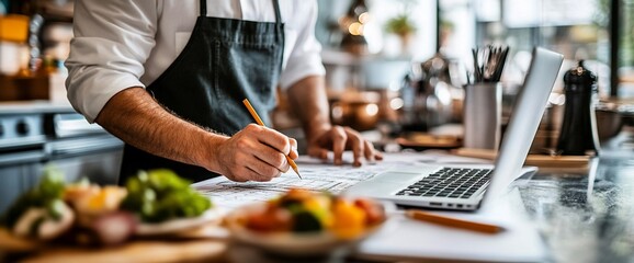 A chef planning dishes while working on a laptop in a modern kitchen.