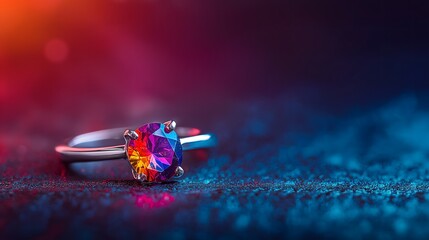 Ring jewelry, trendy and unique concept: Platinum ring featuring a prismatic gemstone emitting rainbow reflections.