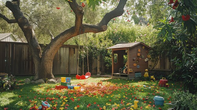Idyllic backyard play area with toys scattered on grass and flower petals.
