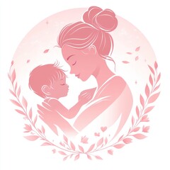 Tender mother holding sleeping baby, delicate silhouette in a floral wreath.