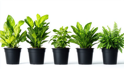 Five vibrant green plants in black pots for indoor decor.