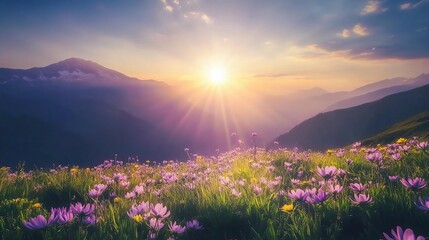 Sunrise Over Mountain Valley with Colorful Wildflowers in Bloom