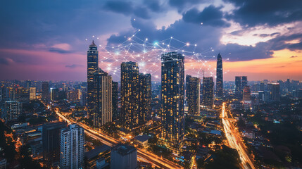 Fototapeta premium Smart digital Innovation city with connection network reciprocity over the cityscape. of future smart wireless city and social media networking systems that connects business people with in city