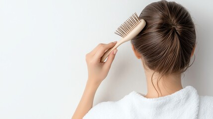 Woman brushing hair, back view, white background, self-care routine, cozy bathrobe.
