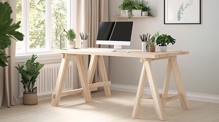 Fototapeta premium Minimalist Timber Desk Mockup in Bright Home Office Setting
