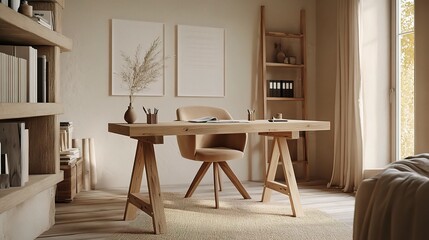 Modern Timber Desk Mockup in Cozy Home Office Setting