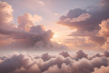Fantasy sky with sugar cotton pink pastel clouds in a dreamy background