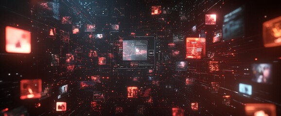 Obraz premium A digital landscape filled with floating images and data streams.