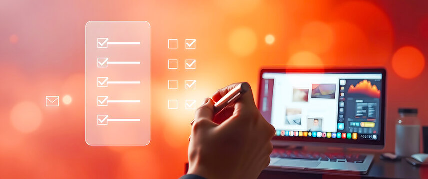 Dynamic Business Growth Strategy: Achieving Profitability through Virtual UI Innovation and Milestone-Driven Goals. Minimalist Digital Workspace with Holographic Checklist Elements
