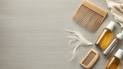 Wooden combs and travel-sized bottles of hair oil on a neutral background.