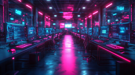 Modern neon cyberpunk open space office with blurred technology overlay, representing corporate strategy and teamwork in finance, operations, and marketing with computers and work tables in a high-tec