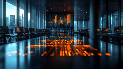 Modern neon cyberpunk open space office with blurred technology overlay, representing corporate strategy and teamwork in finance, operations, and marketing with computers and work tables in a high-tec