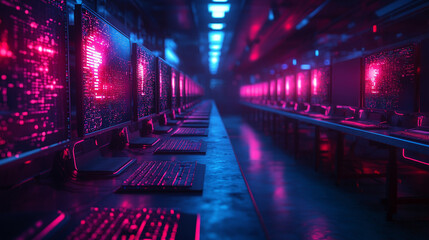 Modern neon cyberpunk open space office with blurred technology overlay, representing corporate strategy and teamwork in finance, operations, and marketing with computers and work tables in a high-tec