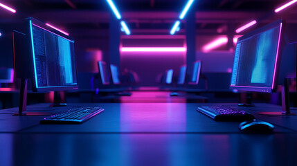 Modern neon cyberpunk open space office with blurred technology overlay, representing corporate strategy and teamwork in finance, operations, and marketing with computers and work tables in a high-tec