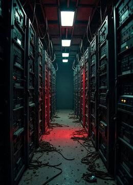 abandoned creepy old server room with tangled wires and broken computer towers amidst dusty old computers and a dim red glow new image 