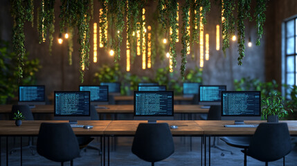 Modern neon cyberpunk open space office with blurred technology overlay, representing corporate strategy and teamwork in finance, operations, and marketing with computers and work tables in a high-tec