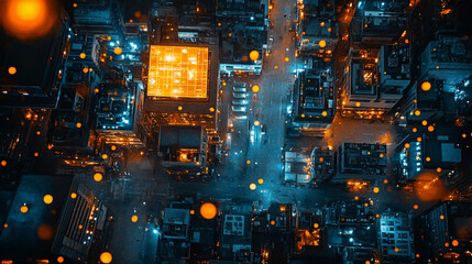 Modern neon cyberpunk open space office with blurred technology overlay, representing corporate strategy and teamwork in finance, operations, and marketing with computers and work tables in a high-tec