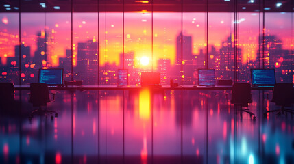 Modern neon cyberpunk open space office with blurred technology overlay, representing corporate strategy and teamwork in finance, operations, and marketing with computers and work tables in a high-tec