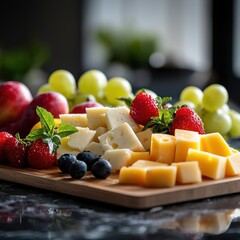 [Fresh fruit and cheese platter on wooden cutting board] Fresh Fruit Cheese Platter Arrangement on Wooden Cutting Board with Marble Background.