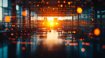 Modern neon cyberpunk open space office with blurred technology overlay, representing corporate strategy and teamwork in finance, operations, and marketing with computers and work tables in a high-tec