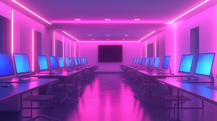 Modern neon cyberpunk open space office with blurred technology overlay, representing corporate strategy and teamwork in finance, operations, and marketing with computers and work tables in a high-tec