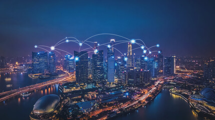 Obraz premium Smart digital Innovation city with connection network reciprocity over the cityscape. of future smart wireless city and social media networking systems that connects business people with in city
