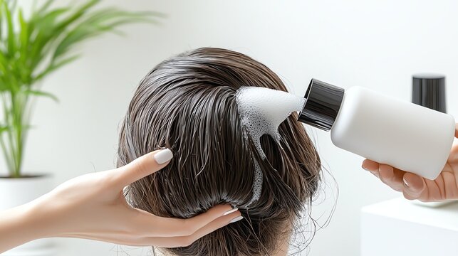 Applying shampoo to wet hair with bubbles in a salon setting for hair care treatment.