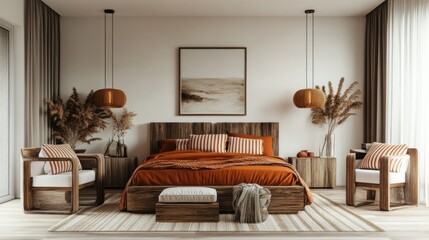 Modern bedroom with wooden bed, orange bedding, and natural decor.