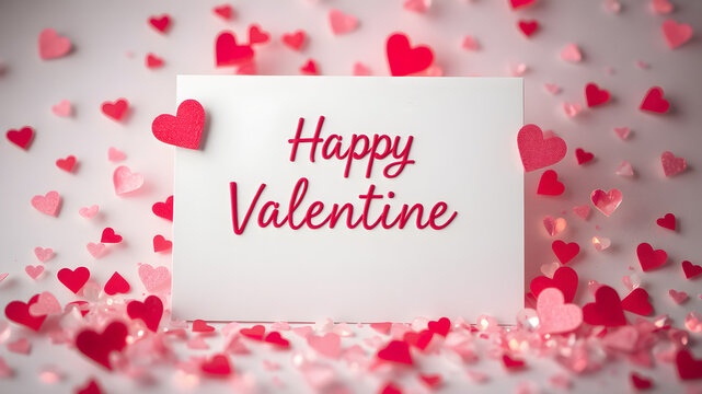 Happy Valentine's Day Card:  A heartfelt message on a white card surrounded by pink and red hearts, perfect for expressing love and affection.  