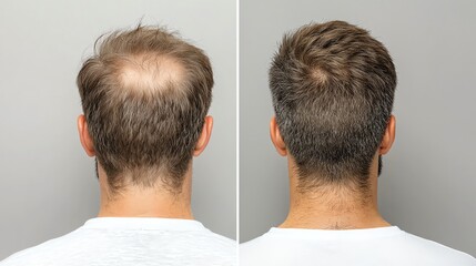 Before and after hair restoration comparison on a man's head.