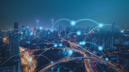 Obraz premium Smart digital Innovation city with connection network reciprocity over the cityscape. of future smart wireless city and social media networking systems that connects business people with in city