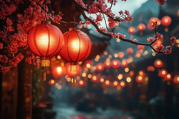 Obraz premium Group of red lanterns hanging from trees for Chinese New Year