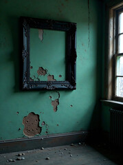 Creepy spooky black frames on old wall in haunted house new image 