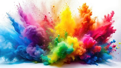 Fototapeta premium A Holi festival's colorful powder explodes; abstract art emerges from the vibrant dust cloud against a white backdrop.