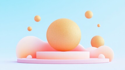 Fototapeta premium A playful 3D composition featuring a textured orange sphere and floating bubbles on a soft pastel background.
